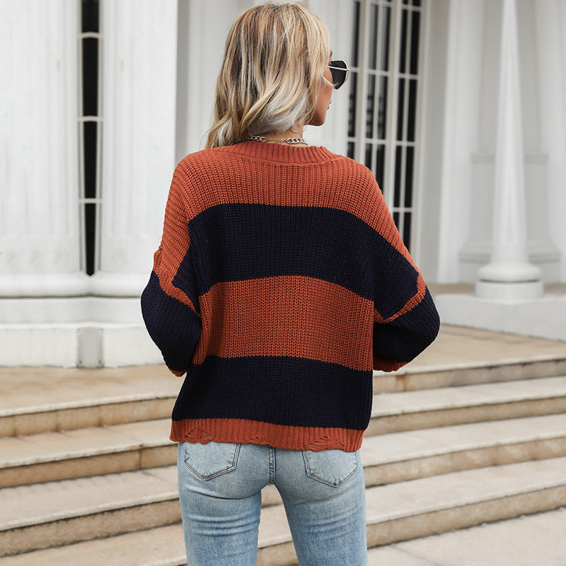 Damen Oversized Strickpullover mit V-Ausschnitt und Blockstreifen Drune
