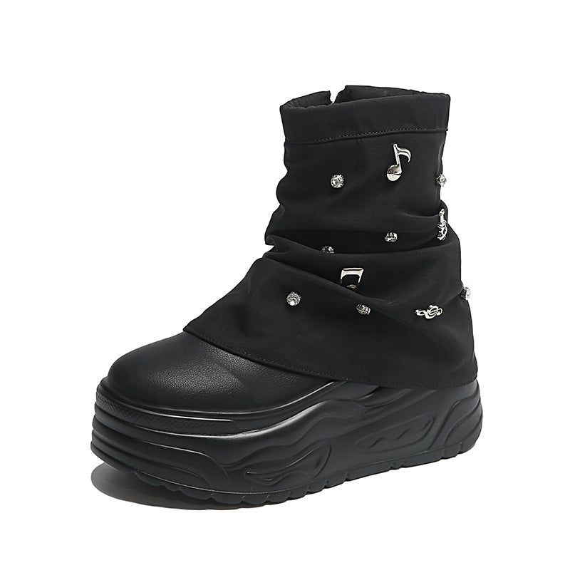 Damen nan Plateau-Stiefelette mit gerafftem Schaft und Musiknoten‑Zierapplikationen Drune