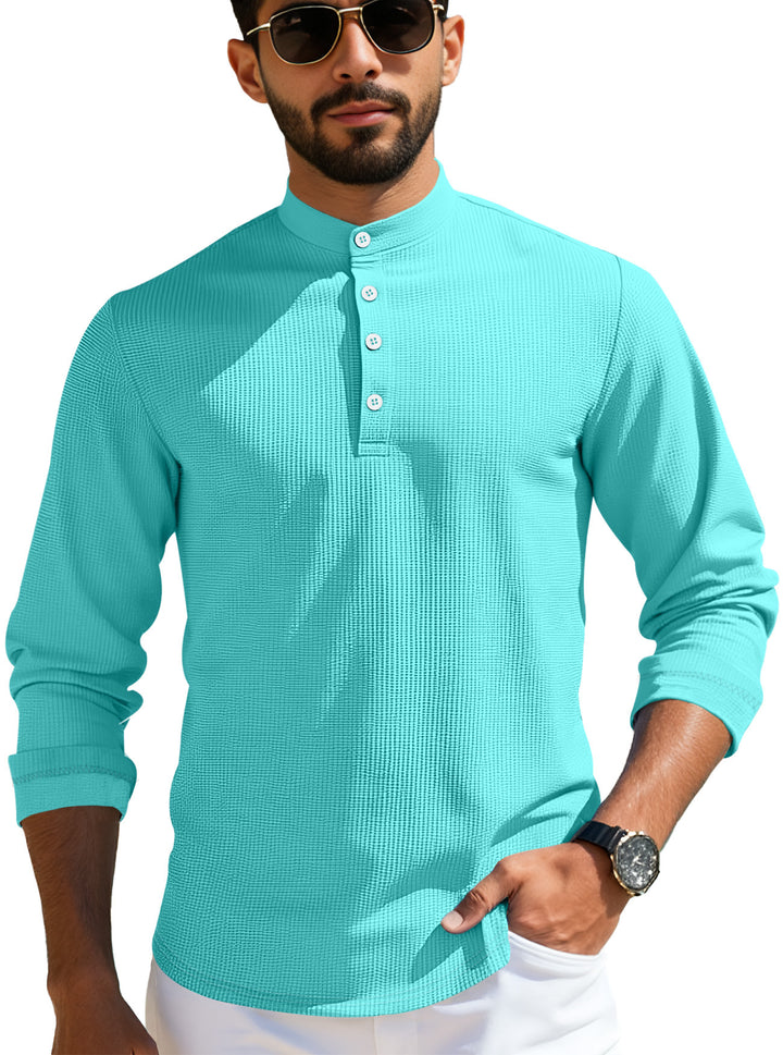 Herren nan strukturiertes Langarm-Henley mit Nehru-Kragen und Ton-in-Ton-Knopfleiste Drune