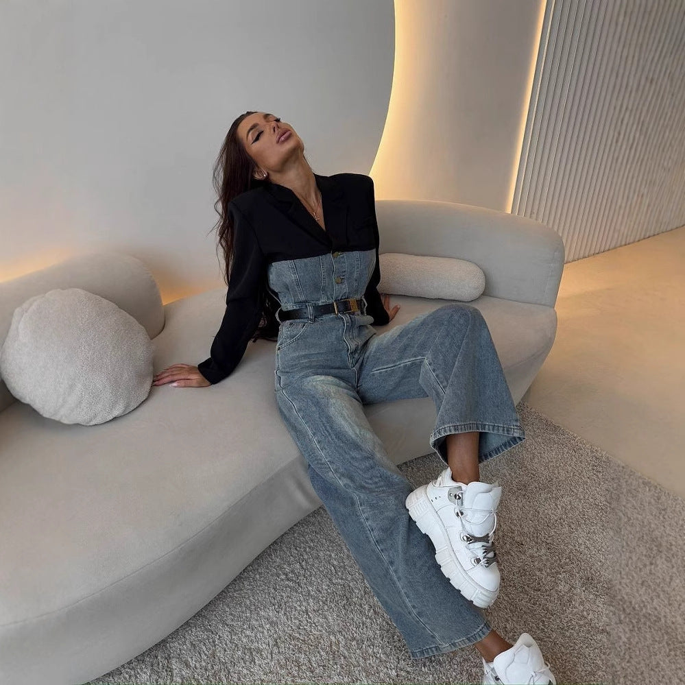 Damen Denim Overall mit kontrastierendem Oberteil und breitem Bein Drune