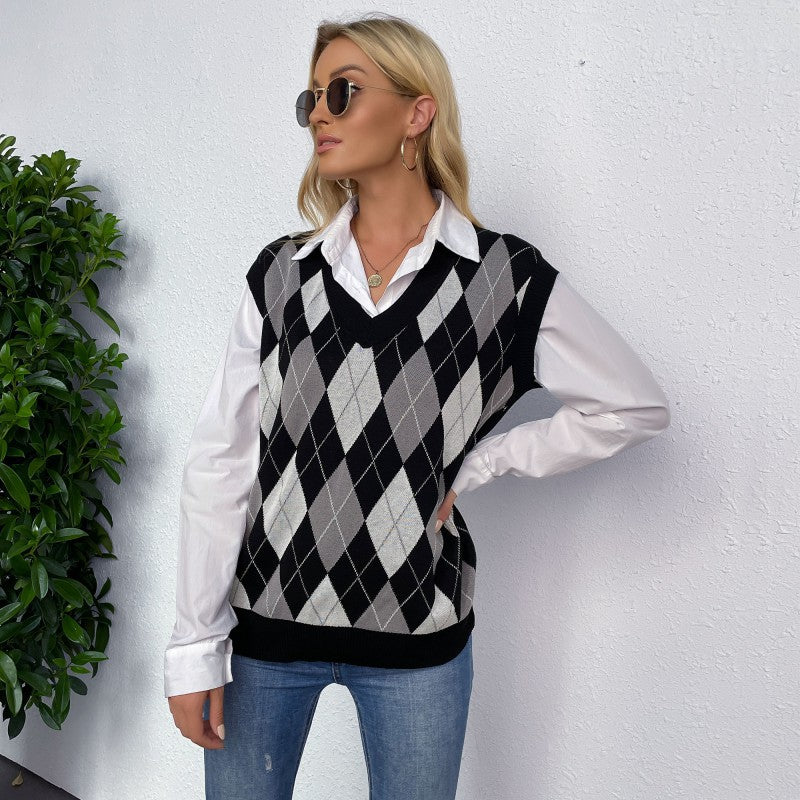 Damen ärmelloser Pullover im Rautenmuster mit V-Ausschnitt Drune