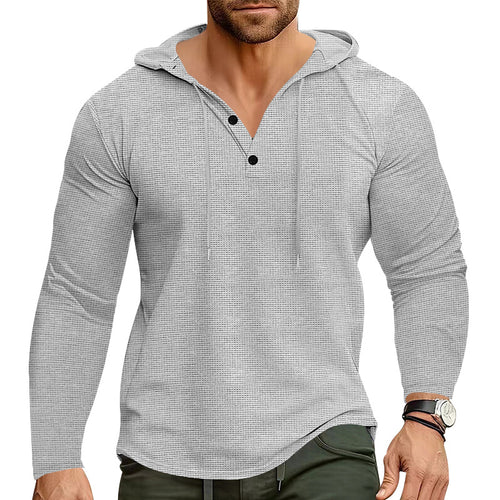 Herren nan körperbetontes Waffelstruktur-Henley-Hoodie mit halber Knopfleiste und Zugkordel Drune