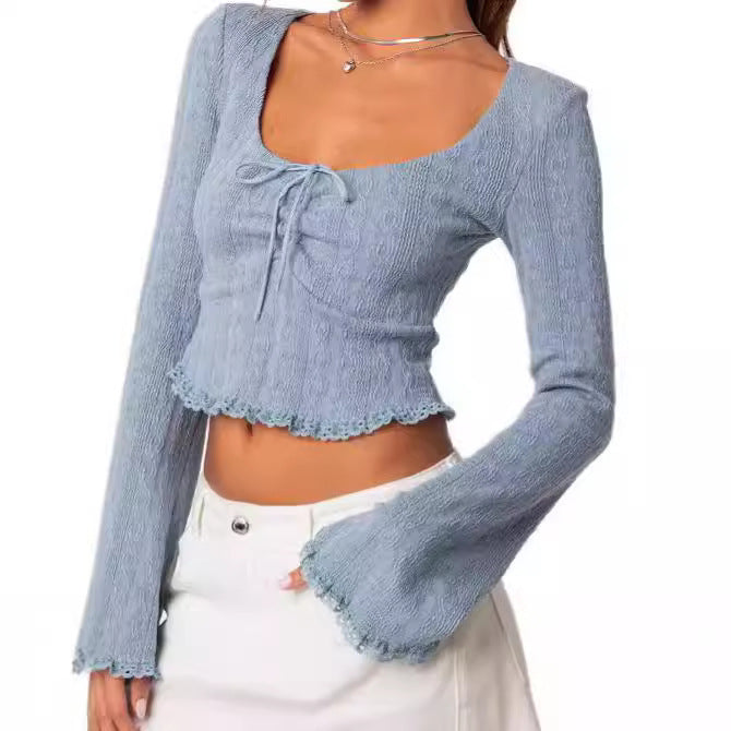 Damen Cropped Top mit Schnüroptik und Spitzenverzierungen Drune