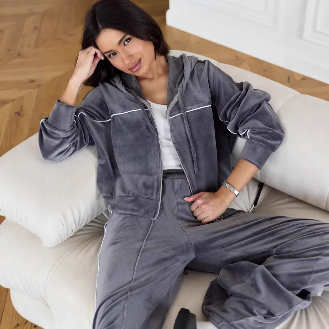 Damen Sportlicher Velours-Anzug mit moderner Kapuze und elastischem Bund Drune