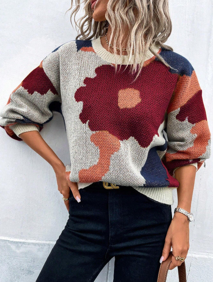 Drune | Pullover Pullover Strickstoff Lockere Passform Rundhals Ballonärmel Gemustert