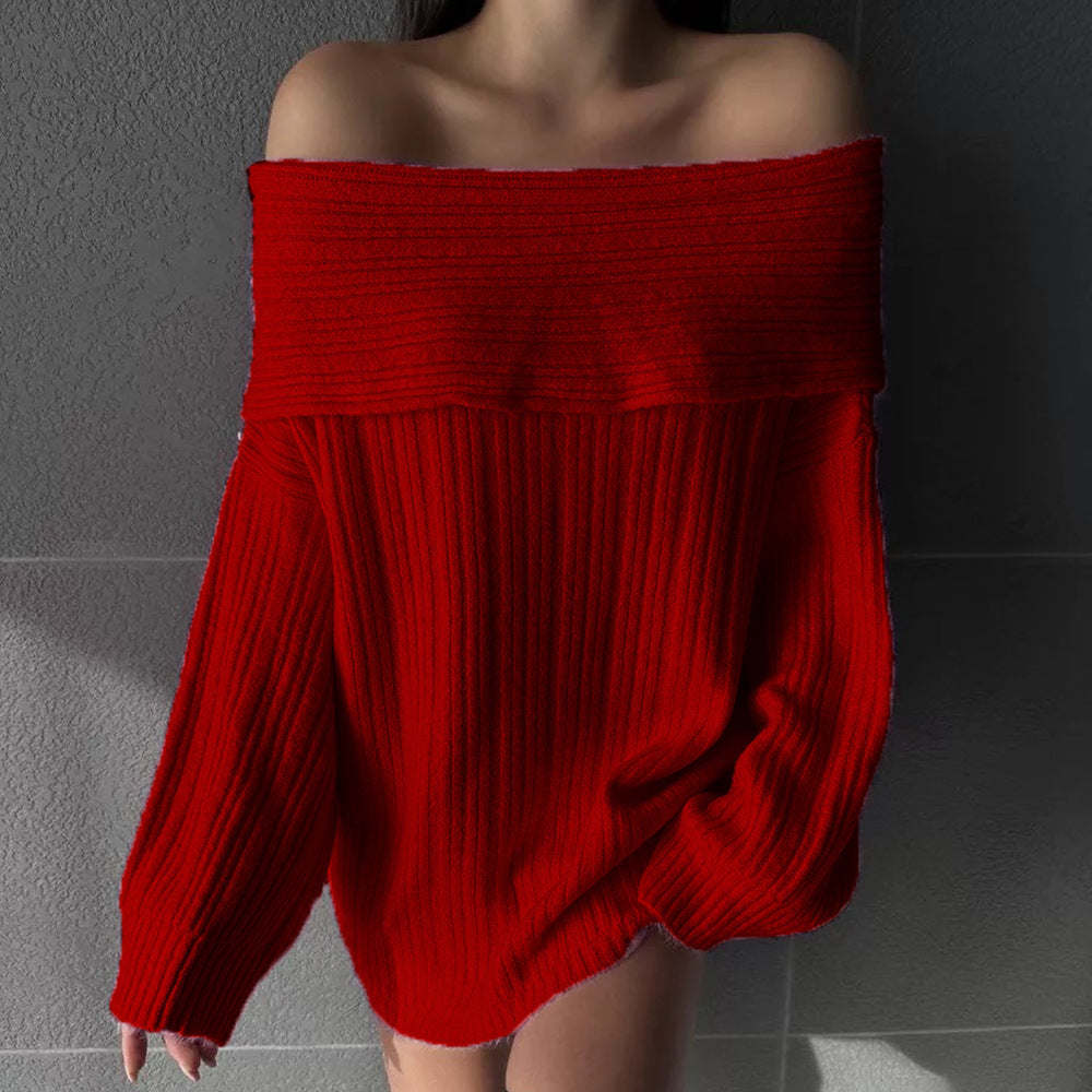 Damen Oversized Strickpullover mit schulterfreiem Design und feiner Rippstruktur Drune