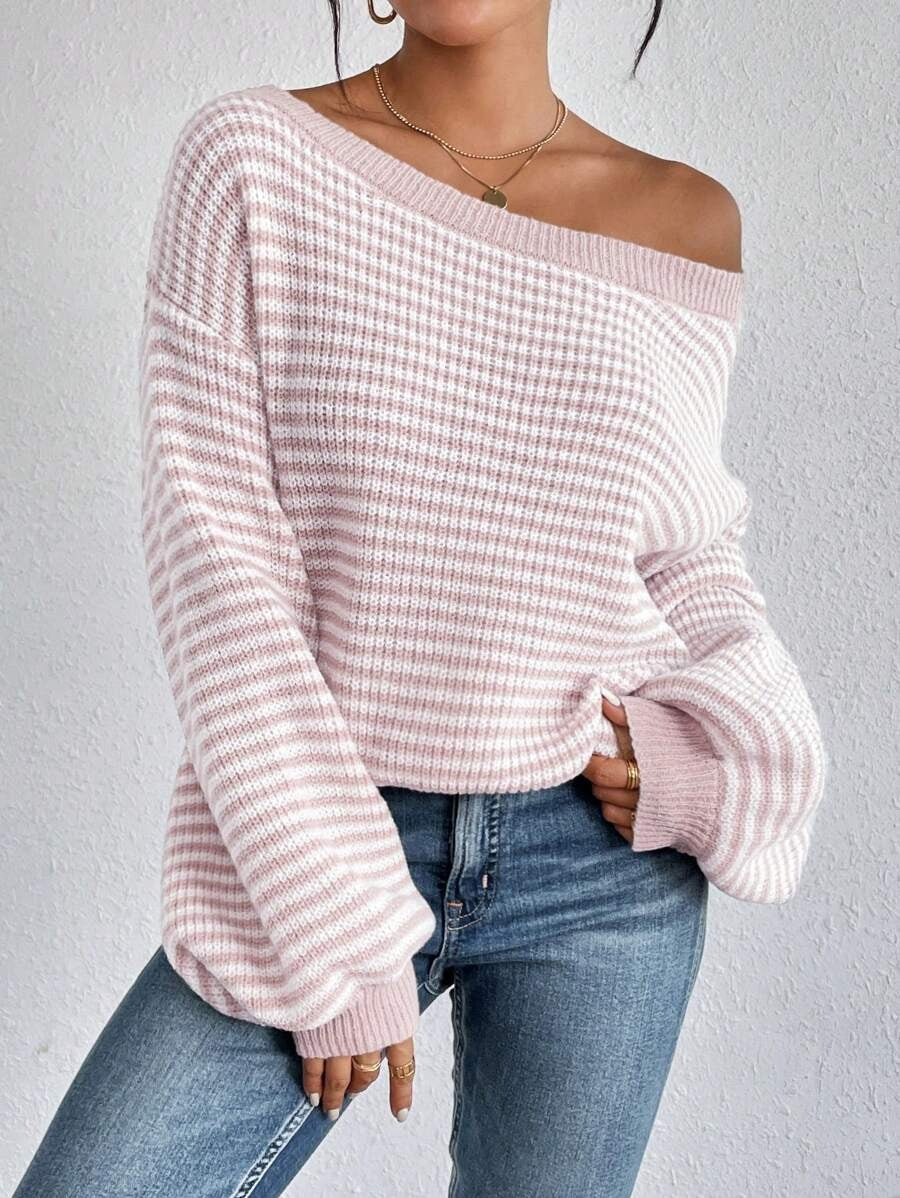 Damen Oversized Strickpullover mit weitem Rundhalsausschnitt Drune