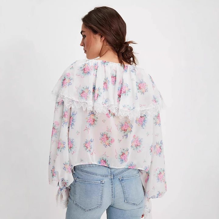Damen Bluse mit romantischen Rüschen und floralem Muster Drune