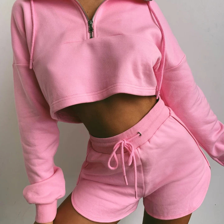 Damen lässiger Hoodie und Shorts-Set mit elastischem Bund und Vorderreißverschluss Drune