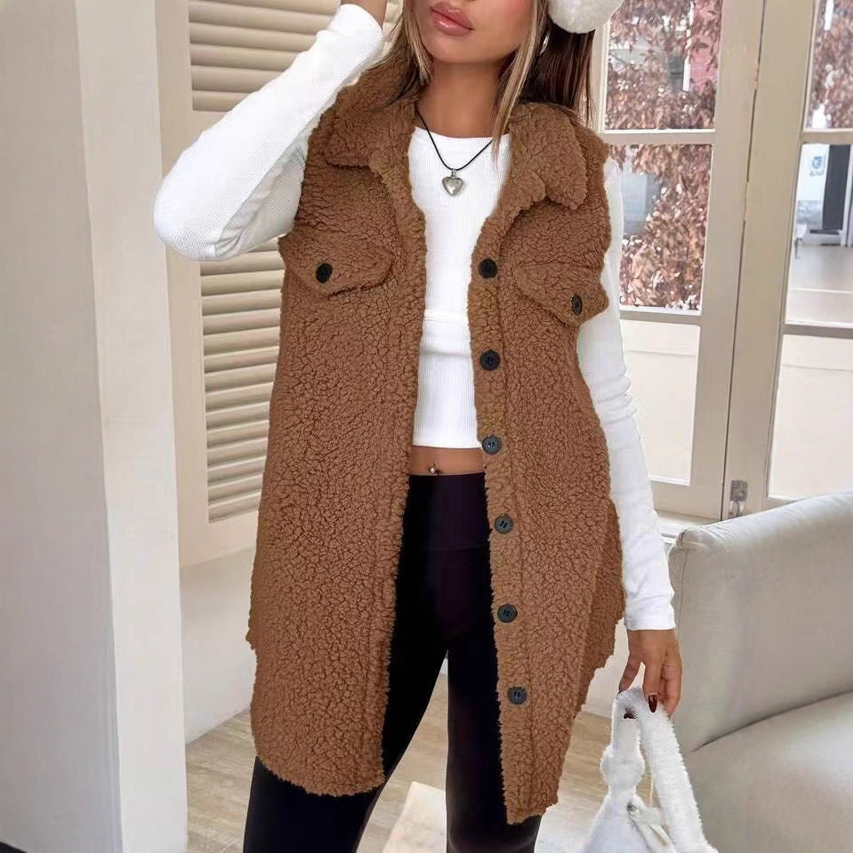 Damen Plüsch Weste mit Taschen Drune