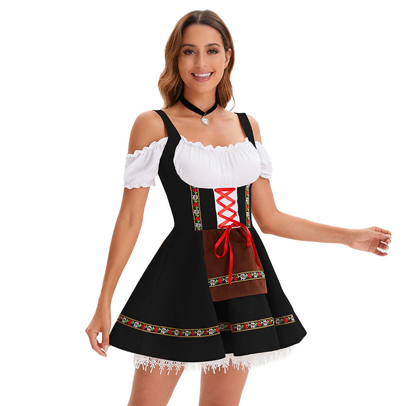 Damen nan traditionelles Oktoberfest Dirndl Minikleid mit Schnürung und abnehmbarer Schürze Drune