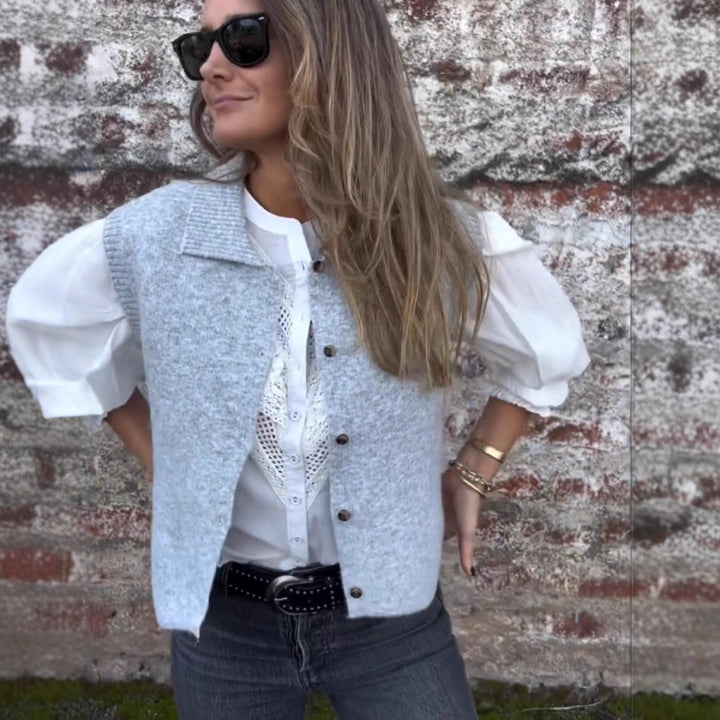 Damen Strickweste mit klassischem Kragen und modischen Knopfdetails Drune
