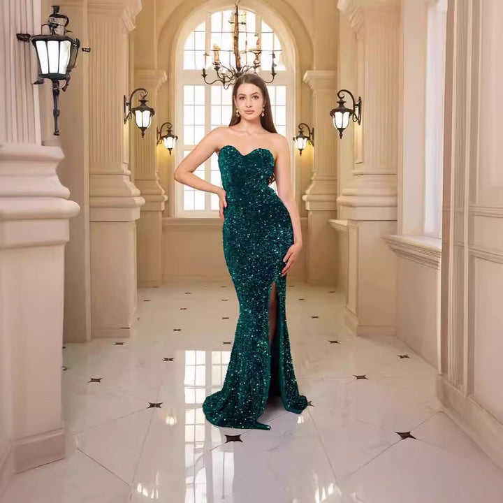 Damen glamouröses Abendkleid mit schulterfreiem Design und schimmernden Pailletten Drune