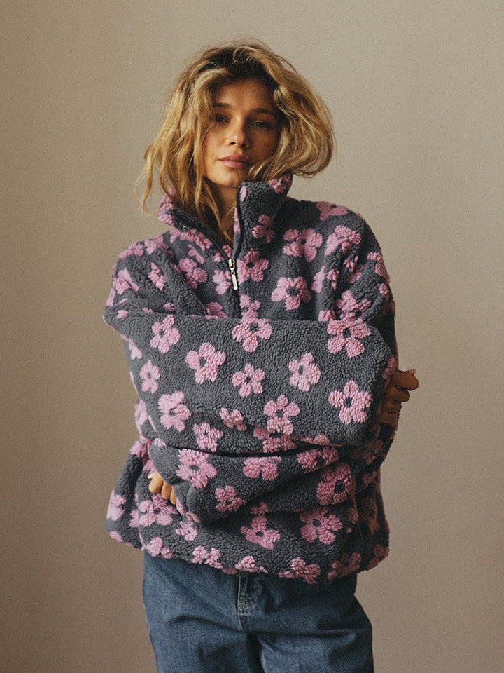 Damen lässiger Pullover mit Blumenmuster aus weichem Teddy-Stoff Drune