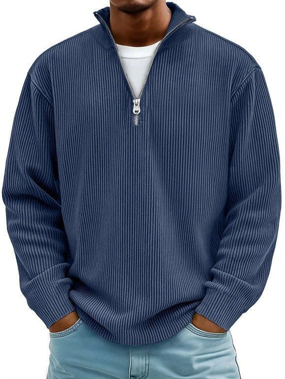 Herren nan gerippter Strickpullover mit halbem Reißverschluss und Stehkragen Drune