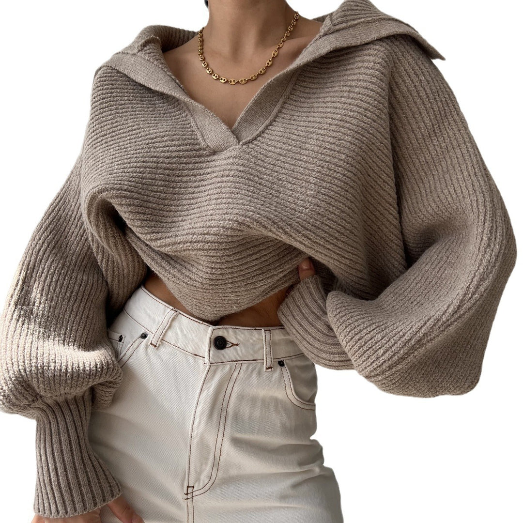 Damen lässiger Cropped Pullover mit hohen Ärmeln Drune