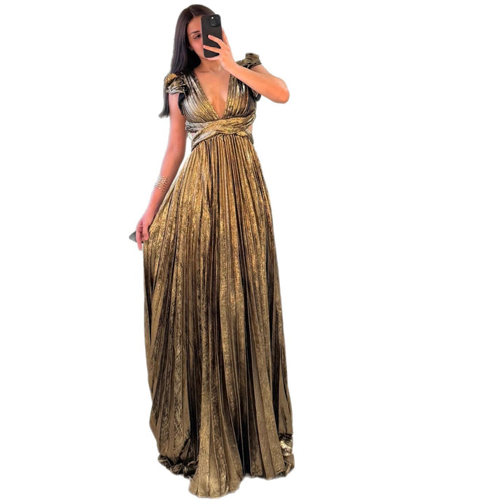 Damen Glamouröses Plissee-Maxikleid mit tiefem V-Ausschnitt und Puffärmeln Drune