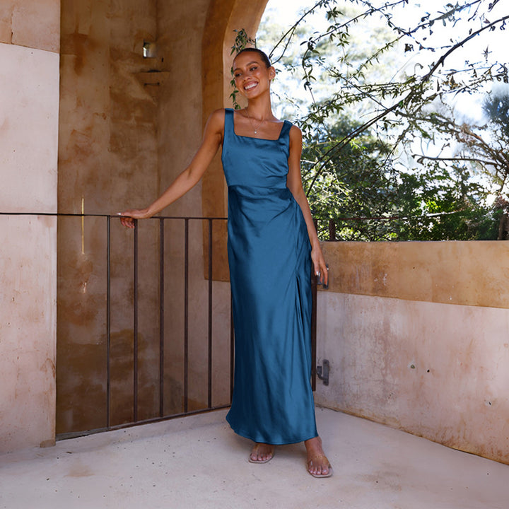 Damen elegantes Maxikleid mit seitlichem Schlitz und schmalen Trägern Drune