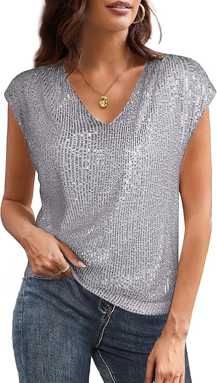 Damen Glitzerndes Oberteil mit V-Ausschnitt und lockerer Passform Drune
