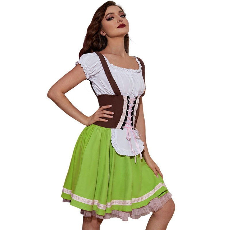 Damen nan Trachten-Festkleid mit figurbetonter Korsett-Schnürung, geraffter Carmenbluse und mehrlagigem Tellerrock Drune