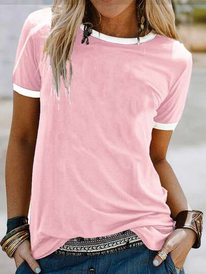 Damen lässiges T-Shirt mit kontrastierendem Rundhalsausschnitt und bequemer Passform Drune