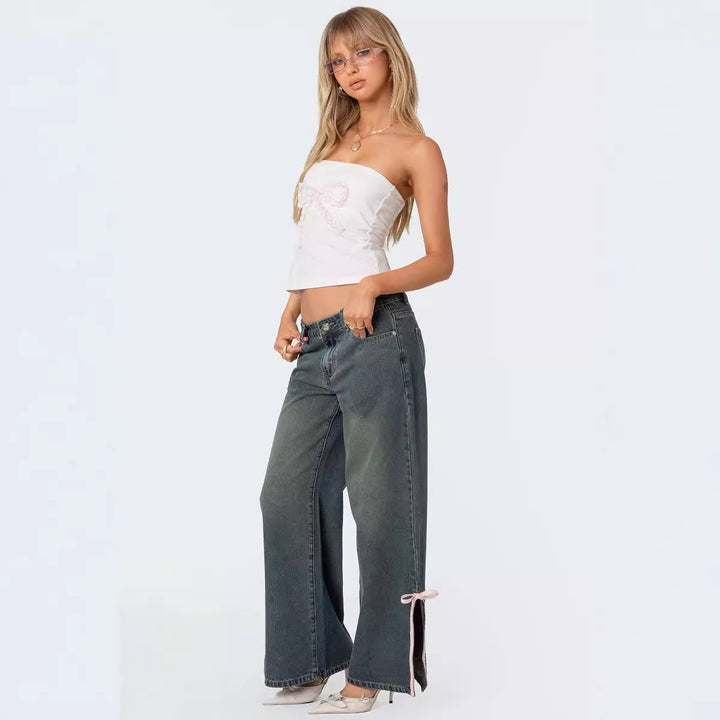 Damen Hohe Taillen Denim-Hose mit modischen Schleifendetails Drune