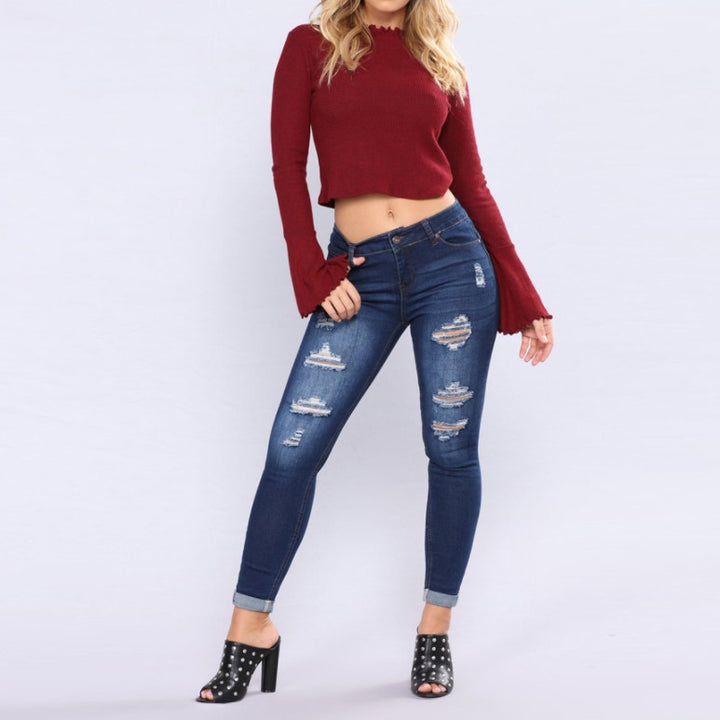 Damen nan hochgeschnittene Skinny-Jeans mit Destroyed-Details und umgeschlagenem Knöchelabschluss Drune