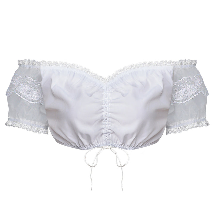Damen nan Spitzenbolero Bluse mit Stehkragen, 3/4 Ärmeln und Bindeband Drune