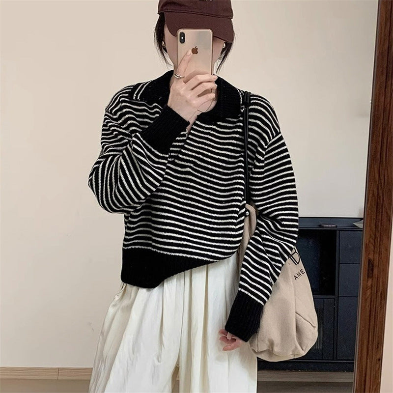 Damen Kuscheliger Strickpullover mit gestreiftem Design und modernem Kragen Drune