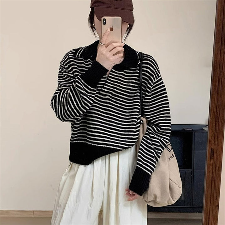 Damen Kuscheliger Strickpullover mit gestreiftem Design und modernem Kragen Drune