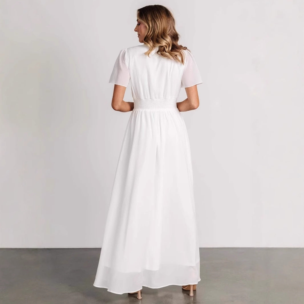 Damen elegantes Maxikleid mit V-Ausschnitt und elastischem Taillenbund Drune
