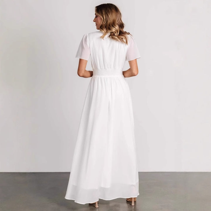 Damen elegantes Maxikleid mit V-Ausschnitt und elastischem Taillenbund Drune