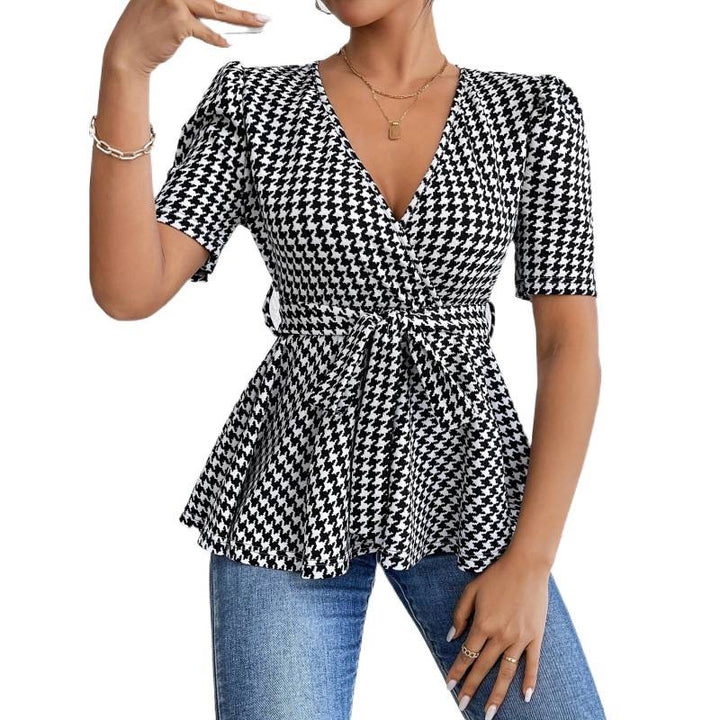 Damen Wickelbluse mit lässigem Schnitt und modischem Hahnentritt-Muster Drune