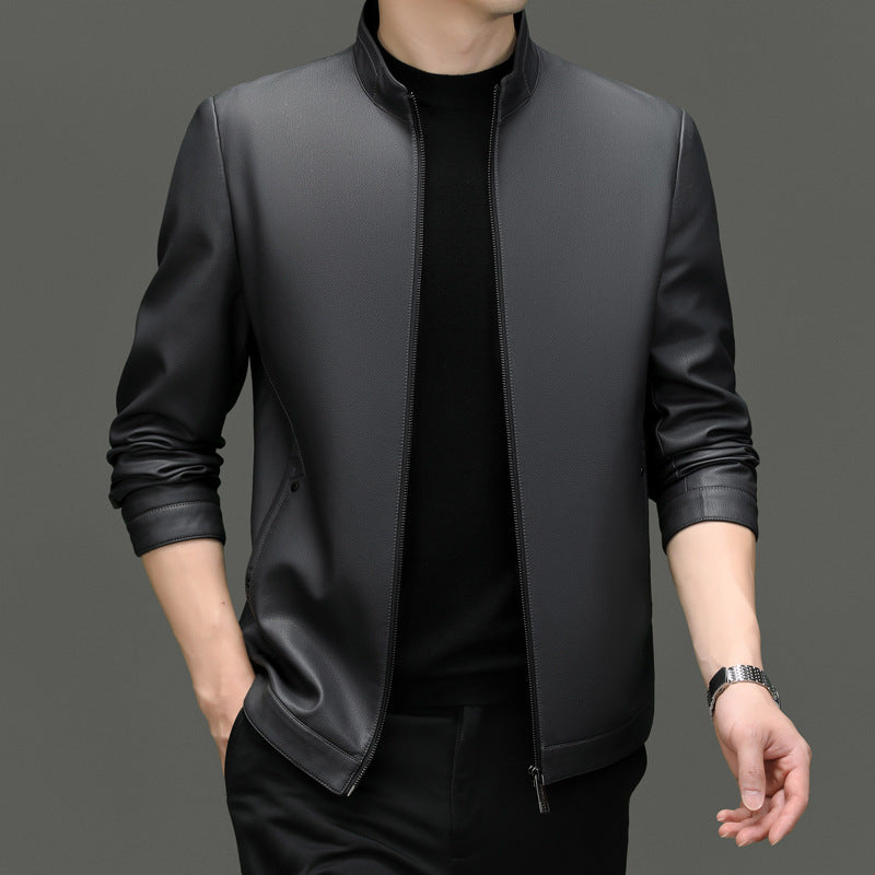 Herren moderne Kunstlederjacke mit hohem Stehkragen und praktischen Reißverschlusstaschen Drune