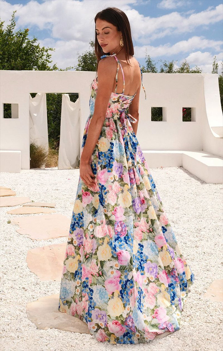 Damen Maxi-Langarmkleid mit floralem Muster und Rüschendetails Drune