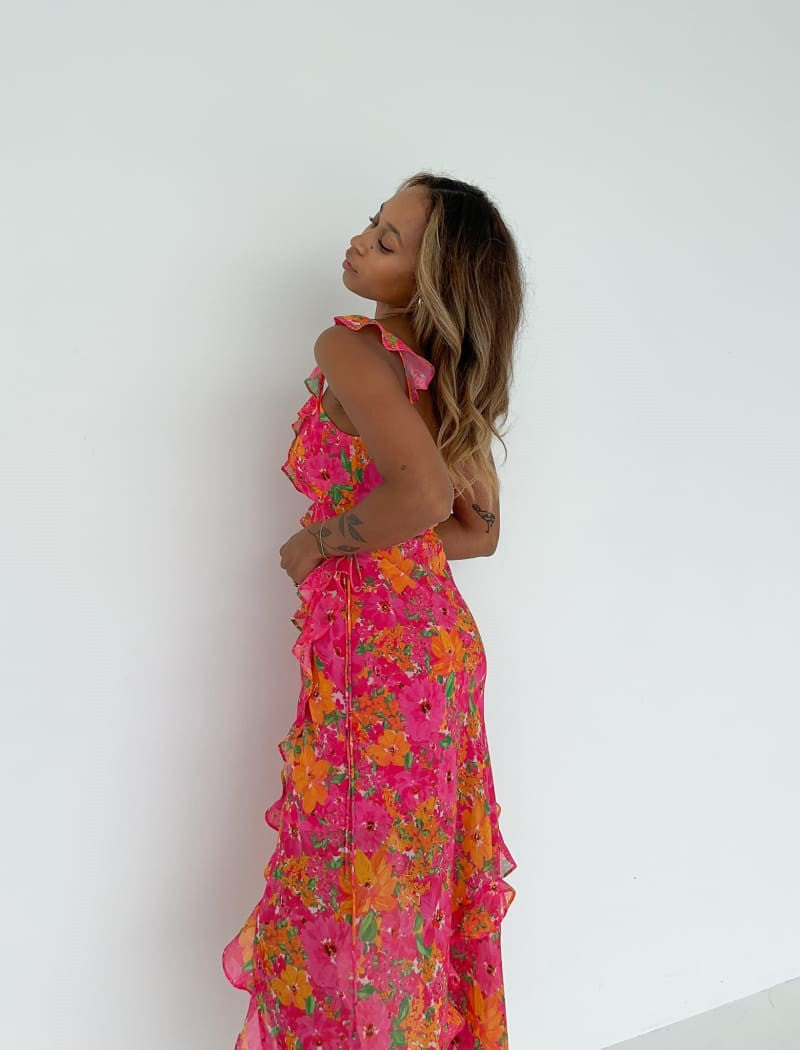 Damen Maxikleid mit asymmetrischem Saum und voluminösen Rüschen Drune