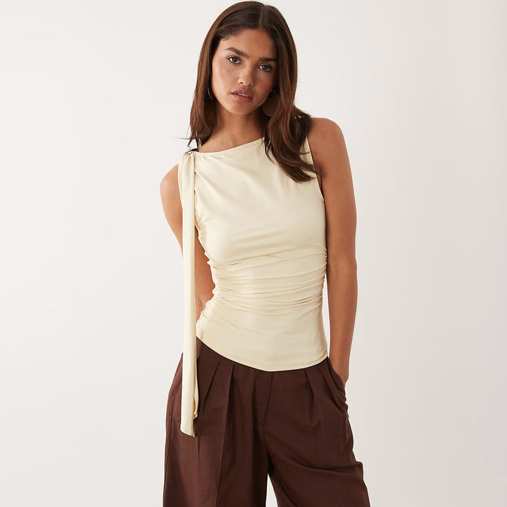 Damen elegantes Raffungskleid mit dekorativem Schulterband Drune