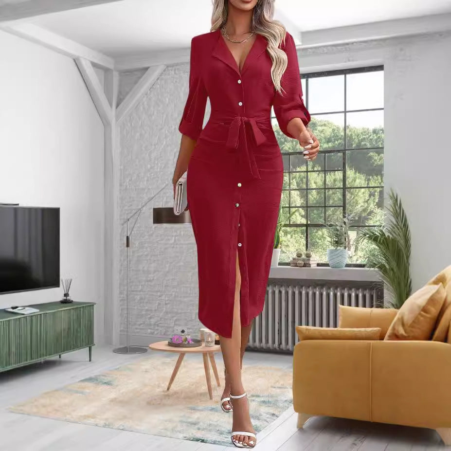 Damen knielanges Hemdblusenkleid mit Gürtel und modernem Revers Drune
