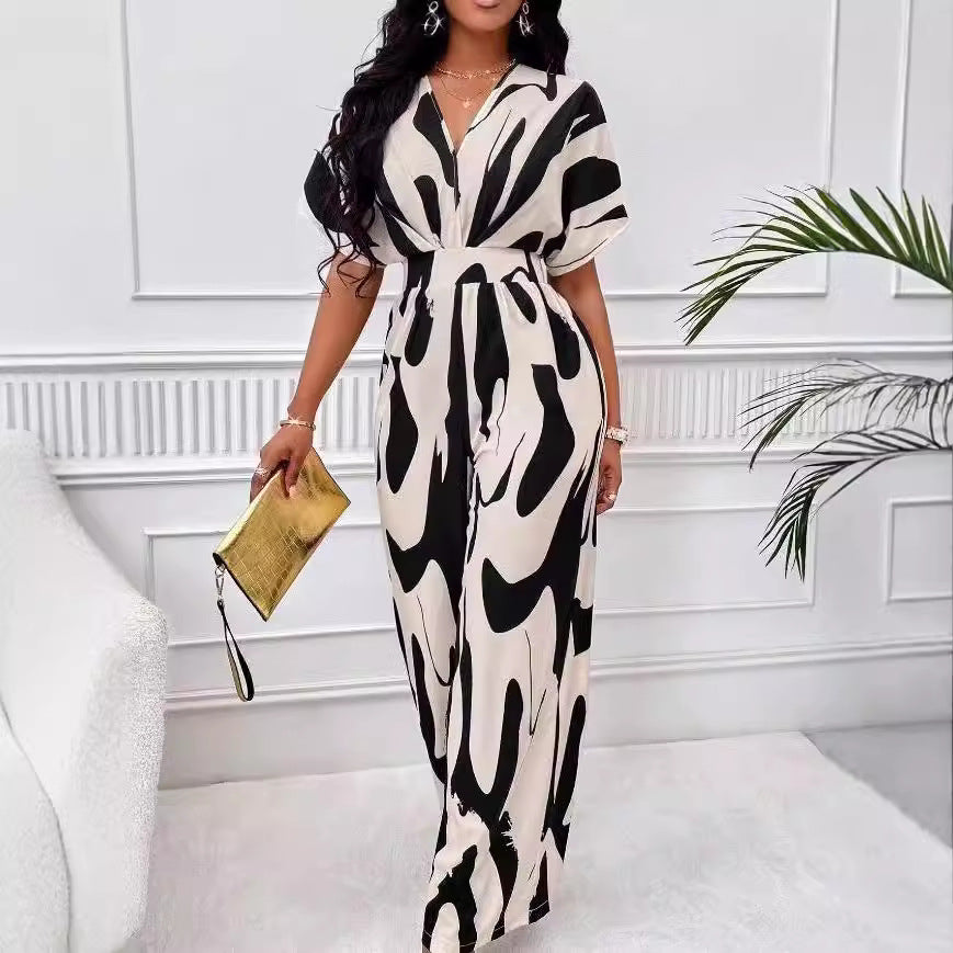 Damen Eleganter Jumpsuit mit großflächigem Muster und V-Ausschnitt Drune