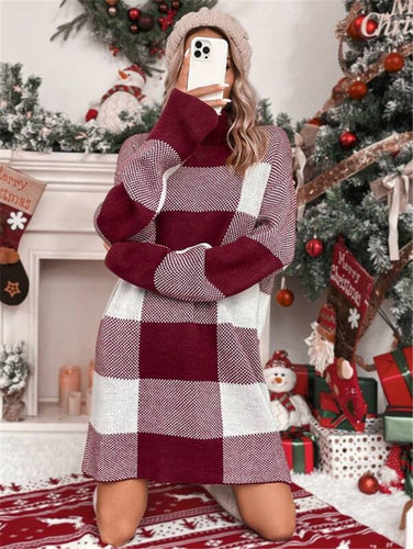 Damen Strickkleid mit hohem Kragen und Karomuster Drune