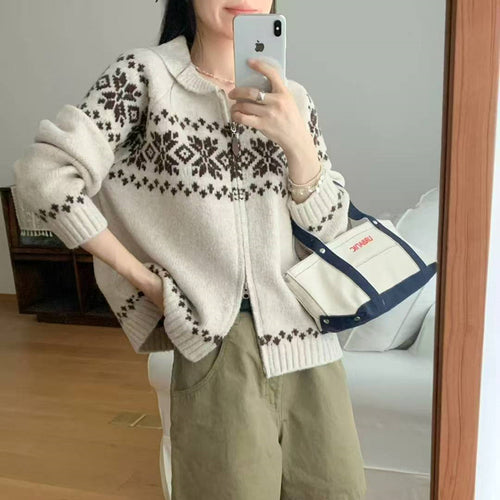 Damen Strickjacke mit modernem Norweger-Muster und hohem Kragen Drune