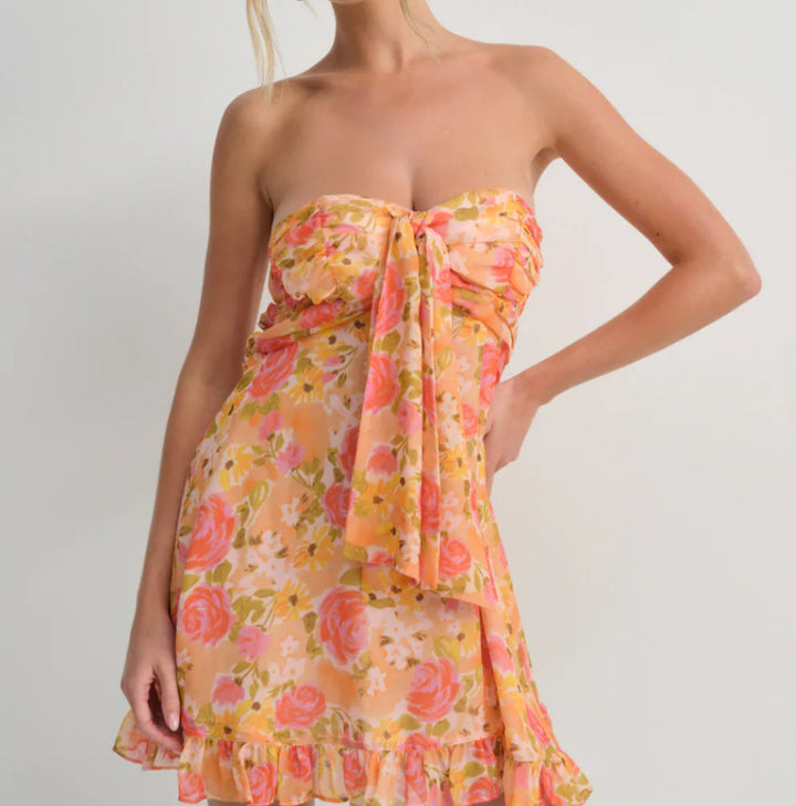 Damen nan trägerloses Chiffon-Sommerkleid mit Blumenmuster Bandeau-Oberteil und Volantbesatz Drune