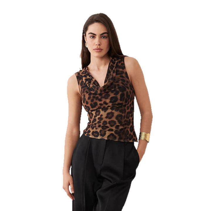 Damen Cowl-Neck Top mit Leopardenmuster und figurbetontem Schnitt Drune