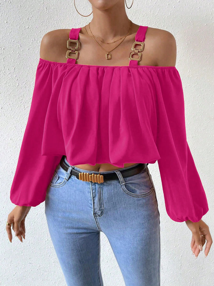 Damen Off-Shoulder Bluse mit dekorativen Trägern und eleganter Raffung Drune