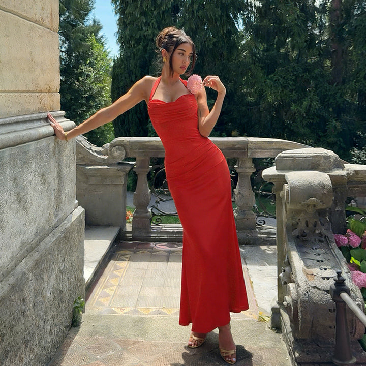 Damen Elegantes Maxikleid mit tiefem V-Ausschnitt und taillierter Silhouette Drune