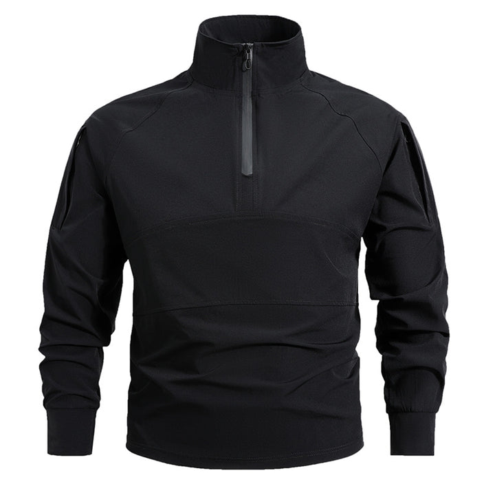 Herren nan leichtes taktisches Zip-Pullover mit hohem Kragen Schulterklappen und verdeckten Reißverschlusstaschen Drune