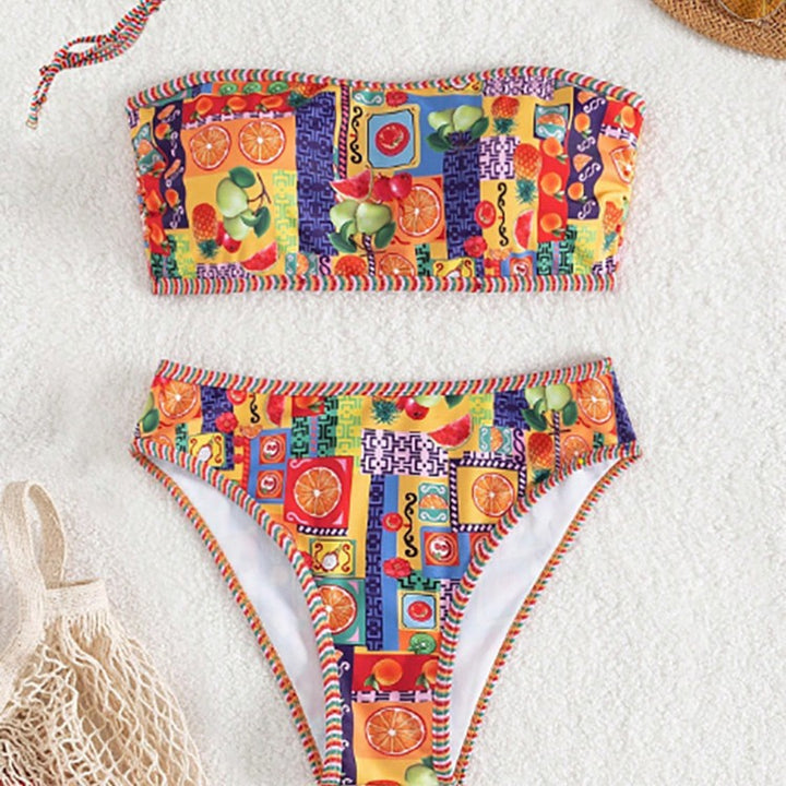 Damen Bandeau-Bikini mit buntem Fruchtmuster Drune