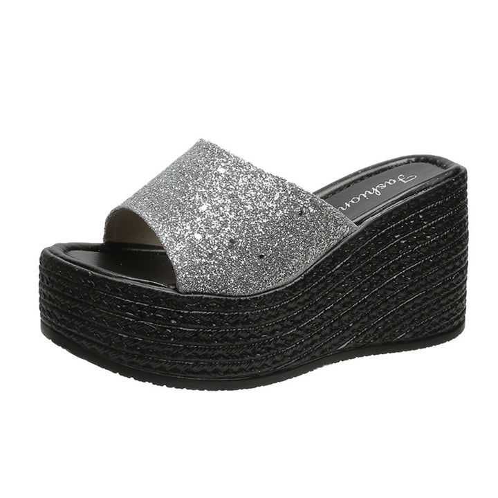 Damen nan offene Plateau-Mule mit glitzerndem Riemen, geprägter Keilsohle und gepolstertem Komfortfußbett Drune