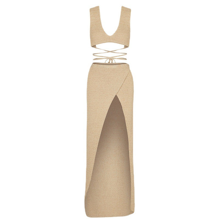 Damen elegantes Kleid mit tiefem Schlitz und verspielten Trägern Drune