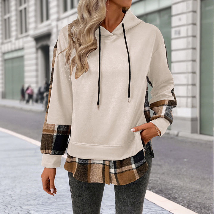 Damen lässiger Kapuzenpullover mit kariertem Patchwork-Design Drune